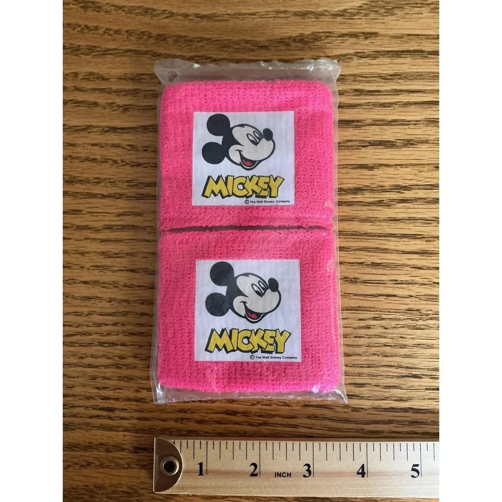 Vintage Disney Mickey Mouse Neon Pink Wristbands Sweatbands Set of 2 Retro 80s
